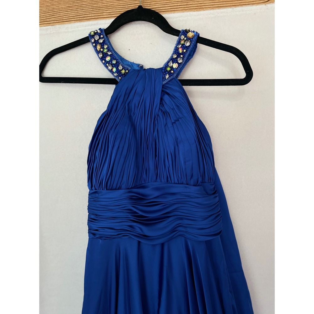 Dancing Queen Gown Womens S Blue Beaded Halter Ruched Maxi Ball Gown Dress - Picture 13 of 13